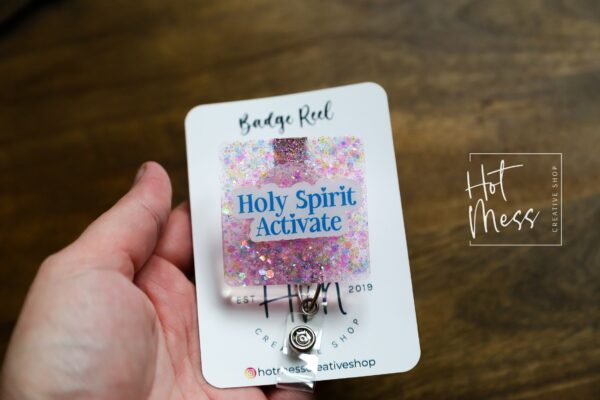 Holy Spirit Activate Funny Pink Glitter Badge Reel, RN ID Holder,  Nurse Gift, Paramedic gift, Office Worker, Church Admin Badge Reel