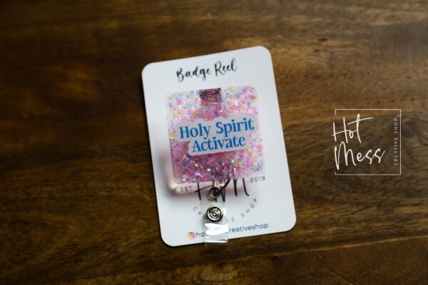 Holy Spirit Activate Funny Pink Glitter Badge Reel, RN ID Holder,  Nurse Gift, Paramedic gift, Office Worker, Church Admin Badge Reel