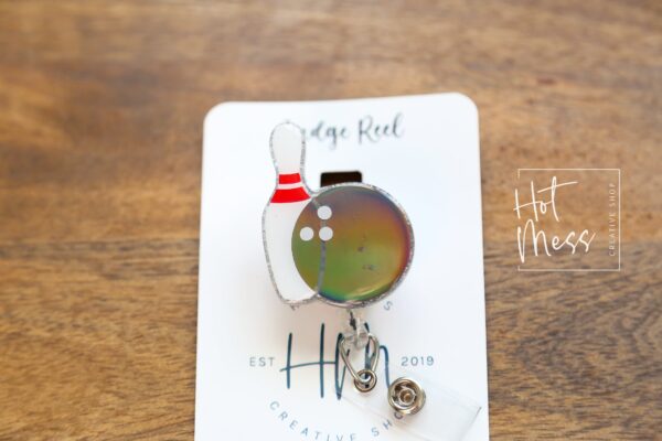 il_fullxfull.4675842106_jaq9 Holographic Bowling Badge Reel, Bowling Pin, Coach Badge Reel, Sports coach badge reel, sports badge reel