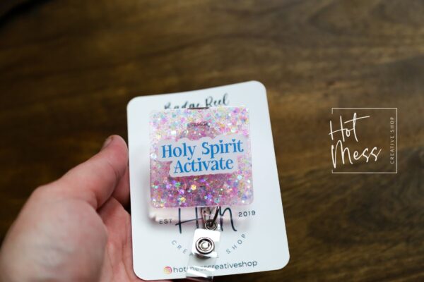 Holy Spirit Activate Funny Pink Glitter Badge Reel, RN ID Holder,  Nurse Gift, Paramedic gift, Office Worker, Church Admin Badge Reel