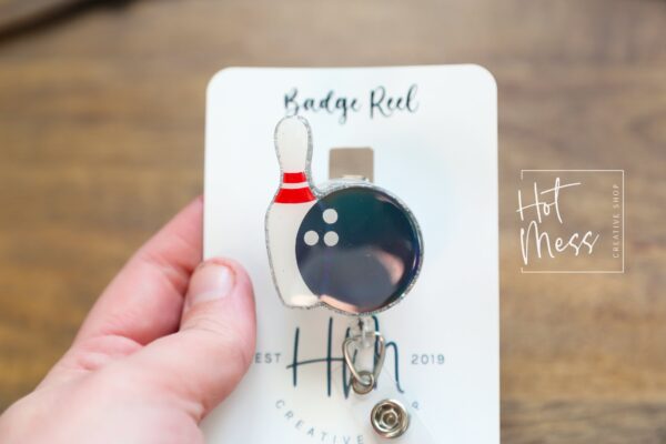 il_fullxfull.4724076197_hjef Holographic Bowling Badge Reel, Bowling Pin, Coach Badge Reel, Sports coach badge reel, sports badge reel