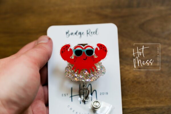 Happy Crab Badge Reel, ID holder, Retractable Badge Reel, Teacher ID Holder, Nurse Badge Reel, Glitter Badge Reel, Interchangeable