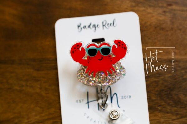 Happy Crab Badge Reel, ID holder, Retractable Badge Reel, Teacher ID Holder, Nurse Badge Reel, Glitter Badge Reel, Interchangeable