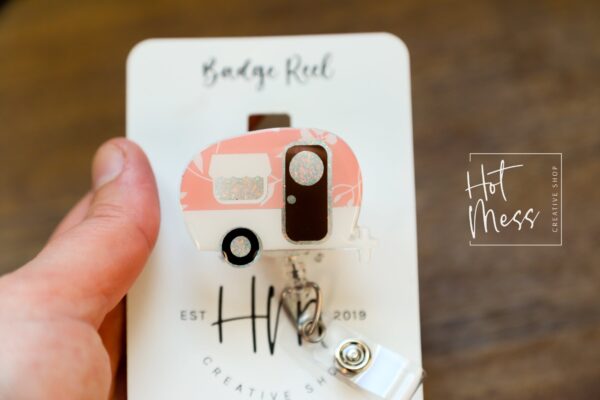 Happy Camper Badge Reel, Retractable Badge Reel, Interchangeable Badge Reel, Cute badge Reel, Teacher ID Holder, animal badge reel