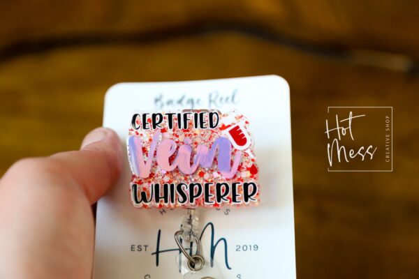il_fullxfull.4841319626_kiwe Certified Vein Whisperer Glitter Badge Reel, Nurse ID Holder, Funny Badge Reel, PBT ID Holder