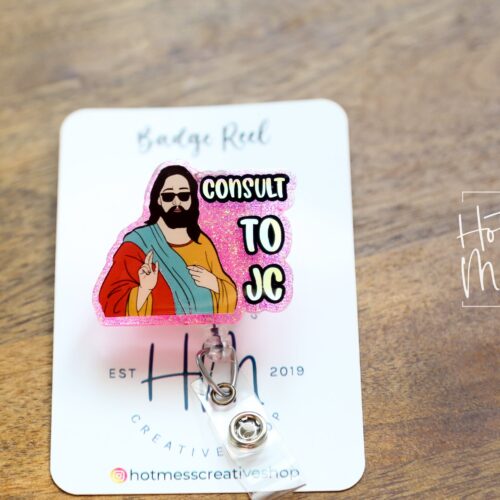 Retractable Glitter RN Badge Reel: Funny Night Shift 'Consult to JC' ID Holder, Nurse Gift Stocking Stuffer