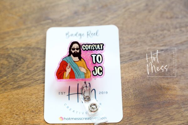 Retractable Glitter RN Badge Reel: Funny Night Shift 'Consult to JC' ID Holder, Nurse Gift Stocking Stuffer