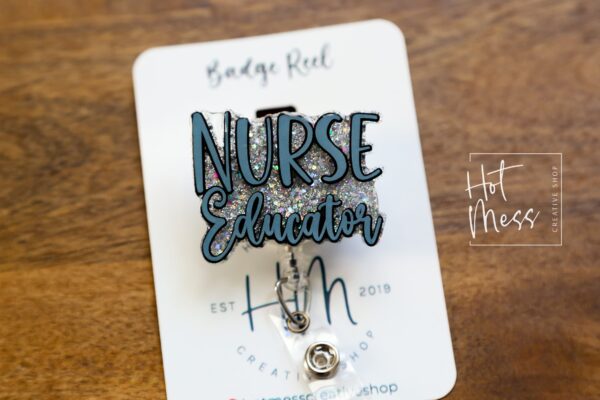 Blue Nurse Educator Badge Reel, ID Holder, Glitter Badge Reel, Nursing Pin