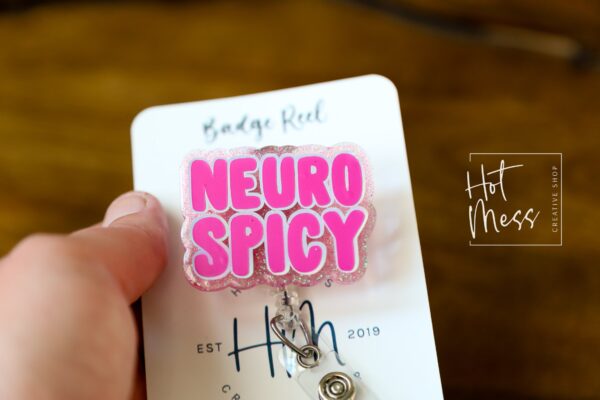Pink Neuro Spicy Glitter Badge Reel, gift for introvert, neurodivergent badge reel