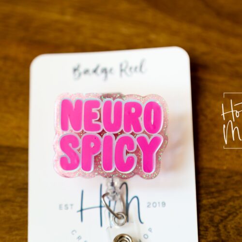 Pink Neuro Spicy Glitter Badge Reel, gift for introvert, neurodivergent badge reel