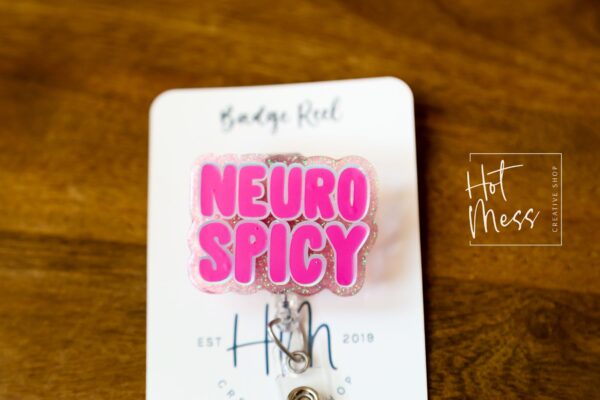 Pink Neuro Spicy Glitter Badge Reel, gift for introvert, neurodivergent badge reel