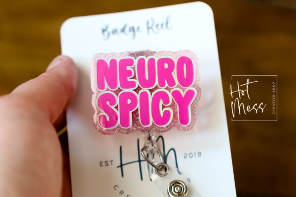 Pink Neuro Spicy Glitter Badge Reel, gift for introvert, neurodivergent badge reel