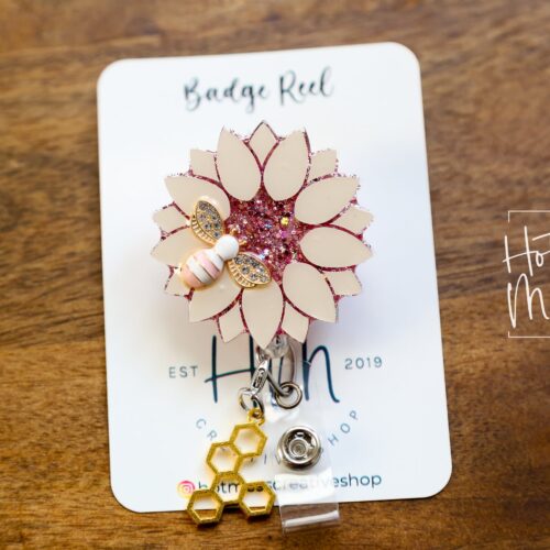 Sunflower Badge Reel with Bee, Retractable Badge Reel, Interchangeable Badge Reel, Summer Lanyard