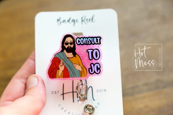 Retractable Glitter RN Badge Reel: Funny Night Shift 'Consult to JC' ID Holder, Nurse Gift Stocking Stuffer