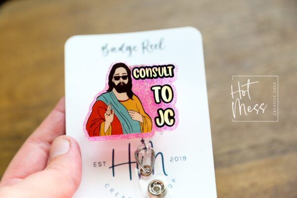 Retractable Glitter RN Badge Reel: Funny Night Shift 'Consult to JC' ID Holder, Nurse Gift Stocking Stuffer