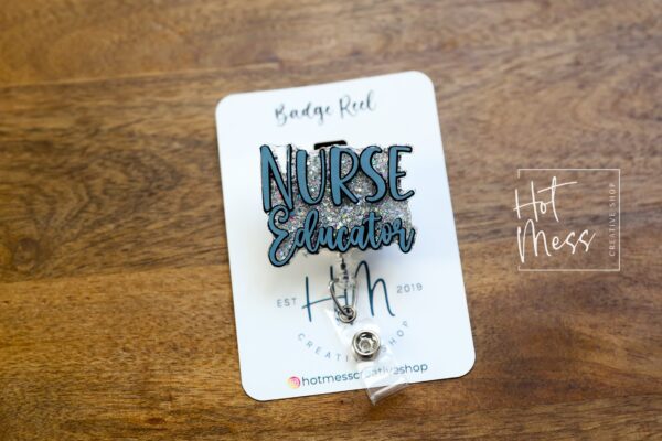 Blue Nurse Educator Badge Reel, ID Holder, Glitter Badge Reel, Nursing Pin
