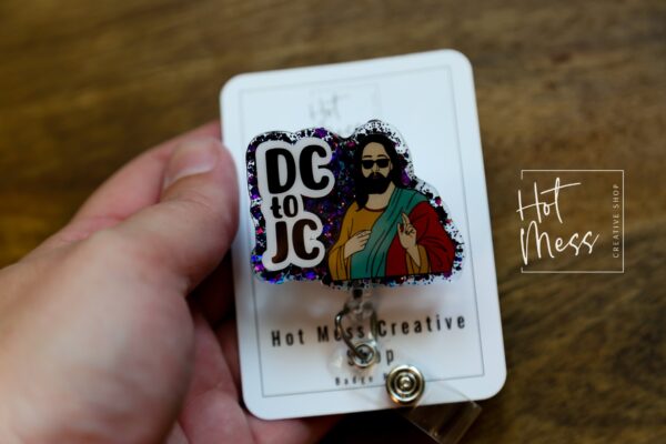 Funny DC to JC Retractable Glitter Badge Reel for Nurses - Acrylic ID Holder Night Shift Gift, Dark Humor Gift