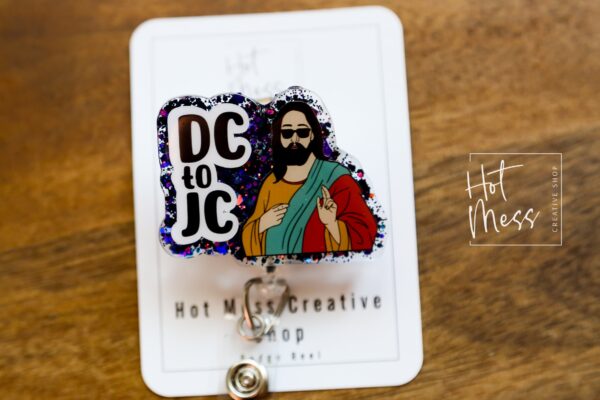 Funny DC to JC Retractable Glitter Badge Reel for Nurses - Acrylic ID Holder Night Shift Gift, Dark Humor Gift