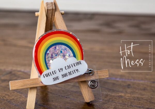 il_fullxfull.5104528321_botu Fueled By Caffeine and Audacity Funny Rainbow Badge Reel, RN ID Holder, Retractable Badge Reel, Night Shift, Audacity, Stocking Stuffer