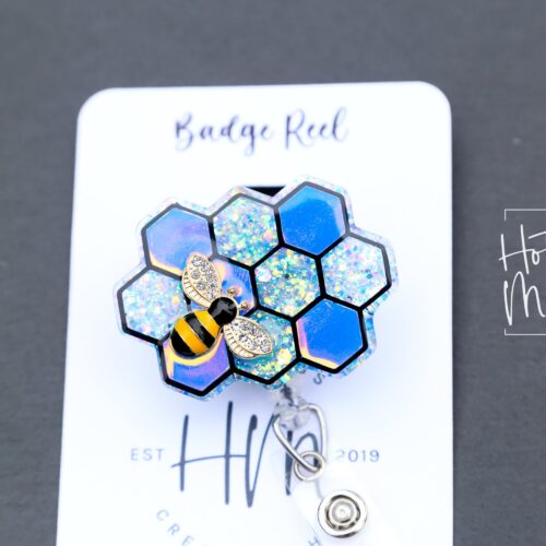 Blue Bee Comb Badge Reel, 3d badge reel,  Retractable Badge Reel, Interchangeable Badge Reel, Summer Lanyard
