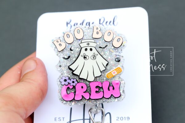 Boo Boo Crew Glitter Badge Reel, Nurse ID Holder, School Nurse Pin, Halloween Badge Reel