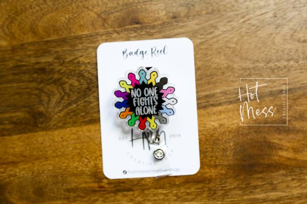 il_fullxfull.5181286856_ltz4 No One Fights Alone Badge Reel, Oncology Badge Reel, Nurse ID Holder, cancer awareness, chemo nurse badge