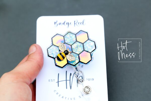 Blue Bee Comb Badge Reel, 3d badge reel,  Retractable Badge Reel, Interchangeable Badge Reel, Summer Lanyard