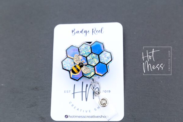 Blue Bee Comb Badge Reel, 3d badge reel,  Retractable Badge Reel, Interchangeable Badge Reel, Summer Lanyard