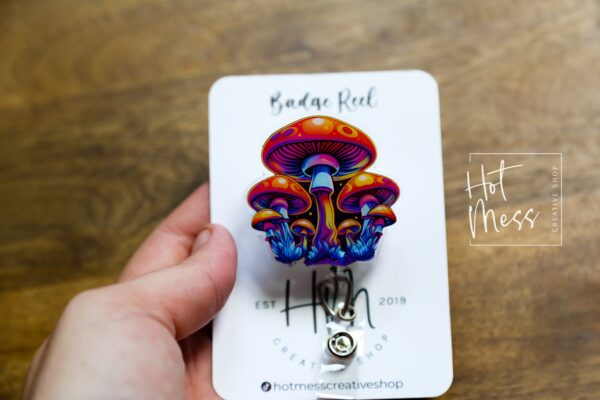 il_fullxfull.5229495541_ma75 Whimsical Mushroom Retractable Badge Reel: Colorful Fantasy ID Holder for Nurses & Food Service