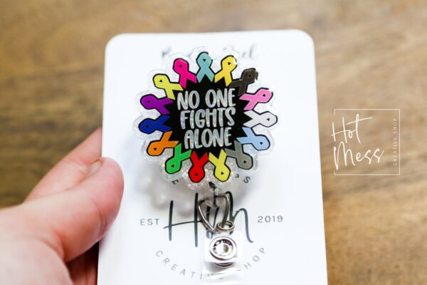 il_fullxfull.5229515533_7r1c No One Fights Alone Badge Reel, Oncology Badge Reel, Nurse ID Holder, cancer awareness, chemo nurse badge