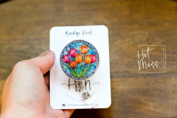 Floral Stained Glass Nurse Badge Reel: Retractable ID Holder with Interchangeable Suncatcher Design