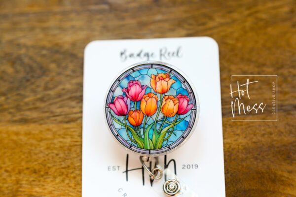Floral Stained Glass Nurse Badge Reel: Retractable ID Holder with Interchangeable Suncatcher Design