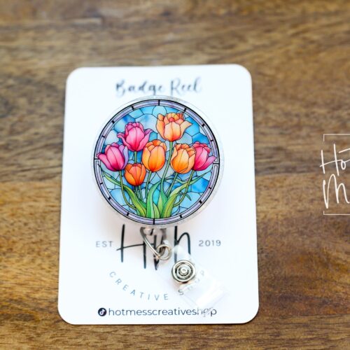 Floral Stained Glass Nurse Badge Reel: Retractable ID Holder with Interchangeable Suncatcher Design