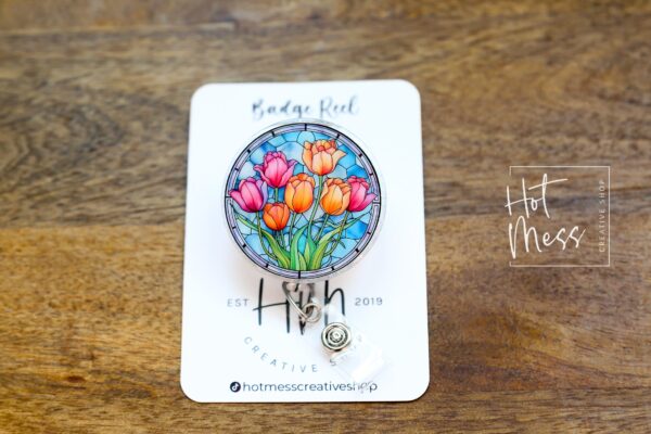 Floral Stained Glass Nurse Badge Reel: Retractable ID Holder with Interchangeable Suncatcher Design