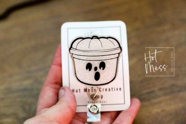 White Halloween bucket Badge Reel, Nurse ID Holder, School Nurse Pin, Halloween Badge Reel, Ghost Badge Reel