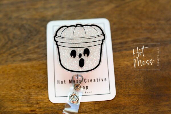 White Halloween bucket Badge Reel, Nurse ID Holder, School Nurse Pin, Halloween Badge Reel, Ghost Badge Reel