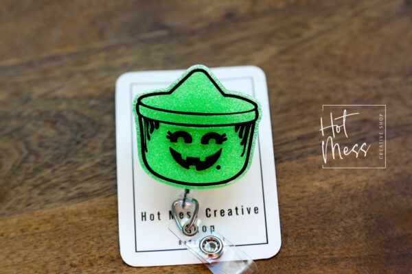 Green Halloween bucket Badge Reel, Nurse ID Holder, School Nurse Pin, Halloween Badge Reel, Witch Badge Reel