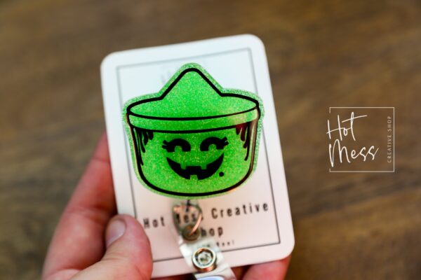Green Halloween bucket Badge Reel, Nurse ID Holder, School Nurse Pin, Halloween Badge Reel, Witch Badge Reel