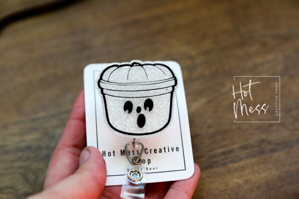 White Halloween bucket Badge Reel, Nurse ID Holder, School Nurse Pin, Halloween Badge Reel, Ghost Badge Reel