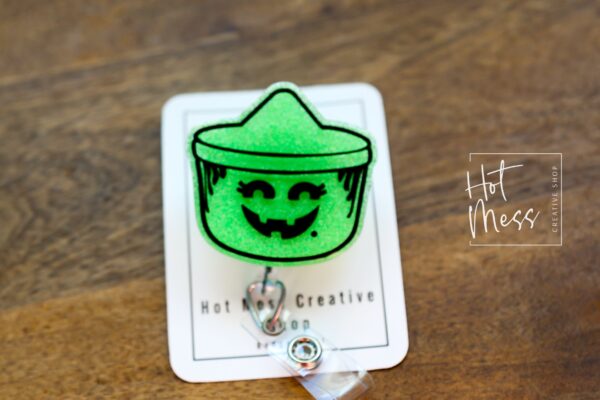 Green Halloween bucket Badge Reel, Nurse ID Holder, School Nurse Pin, Halloween Badge Reel, Witch Badge Reel