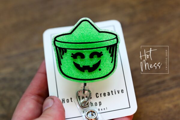 Green Halloween bucket Badge Reel, Nurse ID Holder, School Nurse Pin, Halloween Badge Reel, Witch Badge Reel