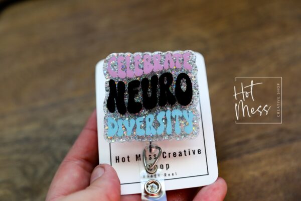 Celebrate Neurodiversity Glitter Badge Reel, gift for introvert, neurodivergent badge reel, autism awareness