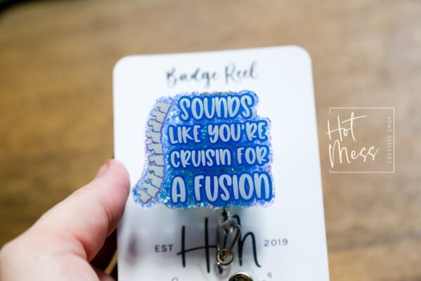 Funny Spinal Fusion Glitter Badge Reel: Retractable ID Holder for RN, Ortho, Medical Professionals