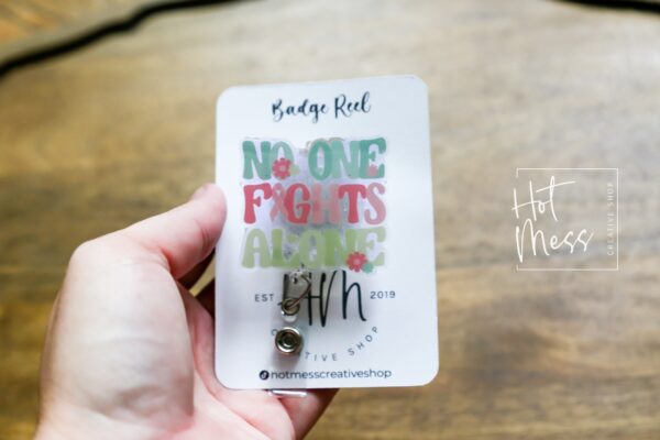 il_fullxfull.5341831546_14gk No One Fights Alone Badge Reel, Oncology Badge Reel, Nurse ID Holder, breast cancer awareness, chemo nurse badge