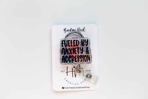 Fueled By Anxiety and Aggression Funny Rainbow Badge Reel, RN ID Holder, Retractable Badge Reel, Night Shift, Audacity, Stocking Stuffer