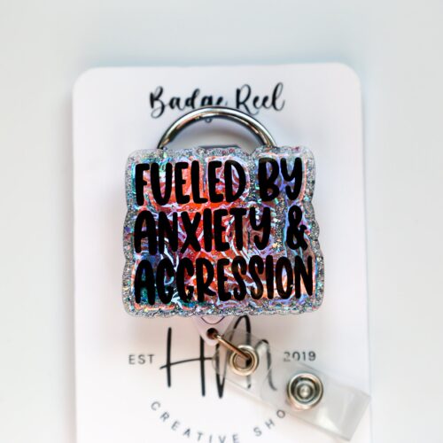 il_fullxfull.5357635512_kra4 Fueled By Anxiety and Aggression Funny Rainbow Badge Reel, RN ID Holder, Retractable Badge Reel, Night Shift, Audacity, Stocking Stuffer