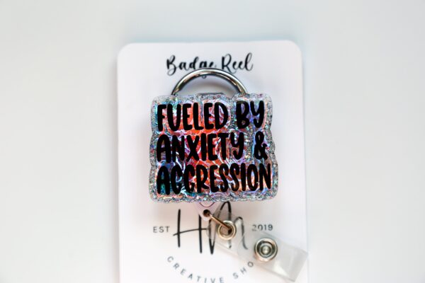 Fueled By Anxiety and Aggression Funny Rainbow Badge Reel, RN ID Holder, Retractable Badge Reel, Night Shift, Audacity, Stocking Stuffer