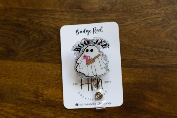 BooJee Ghost Halloween Badge Reel, Glow in the Dark, Halloween ID Holder, Interchangeable Glitter badge reel