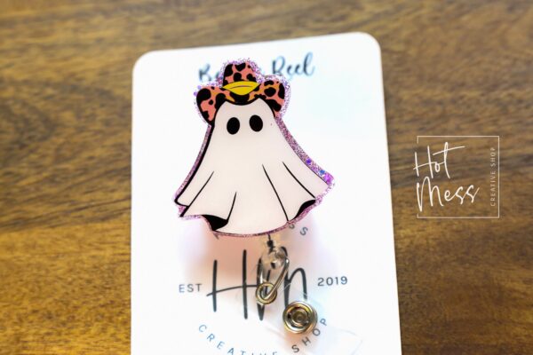 il_fullxfull.5386350535_2gik Ghost Cowboy Halloween Badge Reel, Halloween ID Holder, Interchangeable badge reel