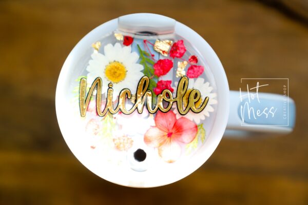 Pressed Flower Stanley Tumbler Topper, custom tumbler plate, tumbler name tag, Personalized gift